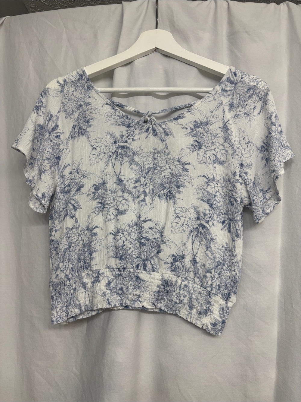 Paper Crane Blue and White Floral Smocked Cropped Tie-Back Top